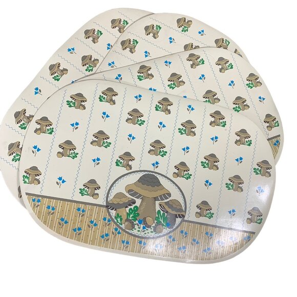 Vintage Mushroom Vinyl Placemat Set of 4 Brown Blue Cottagecore Home Decor - Picture 1 of 4